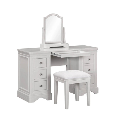 The Lima Dressing Table + Mirror + Stool features a crisp white finish, six spacious drawers, a convenient pull-out tray, an elegant top mirror, and a cushioned stool—making it the perfect timeless and elegant addition to your taupe bedroom collection as part of the complementary Lima Taupe Bedroom Range.