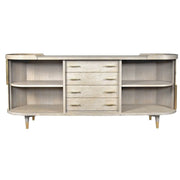 The Preston Large Sideboard features a light wood mid-century modern design with tapered legs, four central drawers, and open shelves on each side.