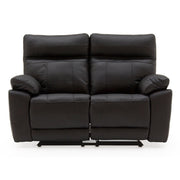 A black leather two-seater recliner from the vendor-unknown Positano Range, featuring padded armrests and high backrests, is shown against a plain white background.