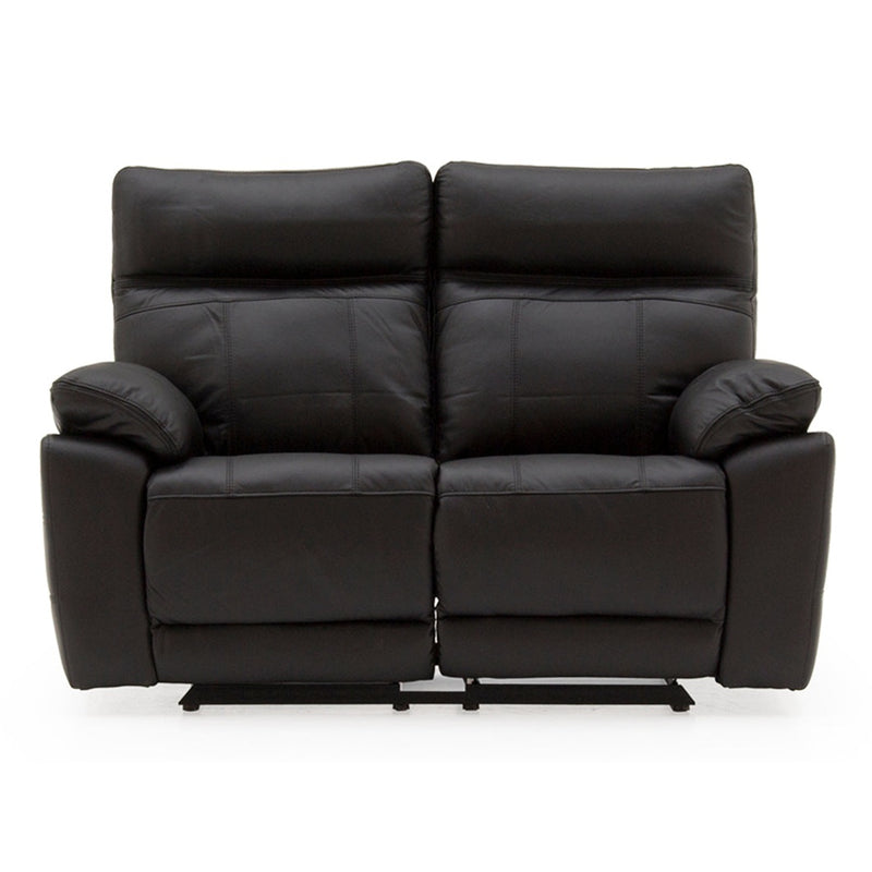 A black leather two-seater recliner from the vendor-unknown Positano Range, featuring padded armrests and high backrests, is shown against a plain white background.