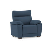 A blue reclining armchair from vendor-unknown's Positano Range, with padded armrests, a high cushioned back, and dark wooden legs, is shown against a white background.