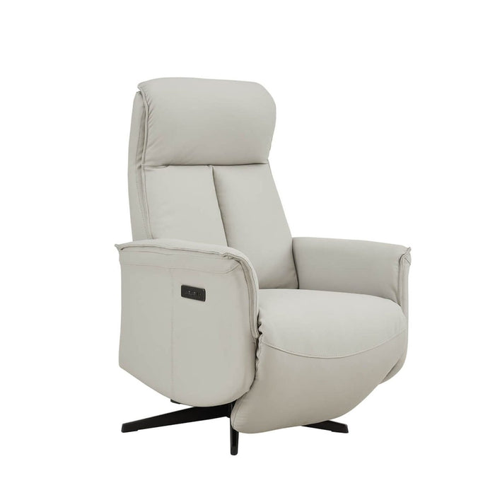 A beige electric reclining chair with a smooth swivel base and USB/USB-C ports.