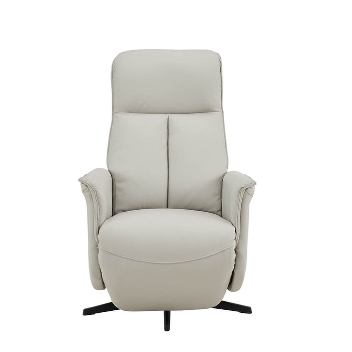 The Riya Electric Reclining Chair features a modern design in light gray with padded armrests, high backrest, swivel motion, and USB ports, shown from the front against a plain white background.