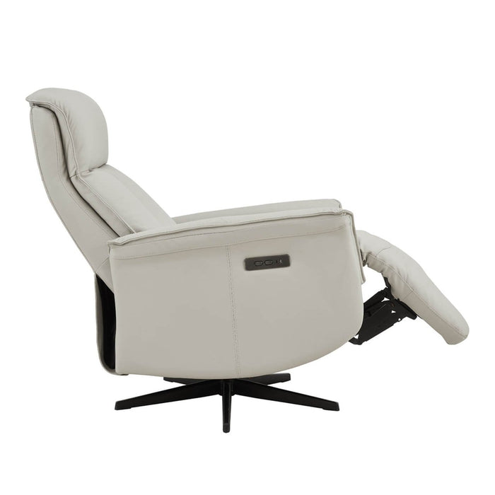 The Riya Electric Reclining Chair in light gray is shown reclined with a raised footrest. Featuring a modern swivel design, it includes a metal base, power control buttons, and handy USB ports on the side.