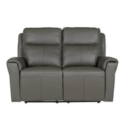 The Russo Electric Recliner - Leather is a dark gray two-seater sofa with plush cushions, wide armrests, modern design, and built-in USB charging, shown against a plain white background.
