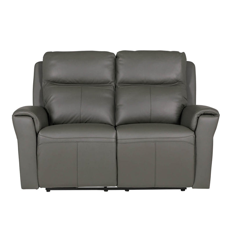 The Russo Electric Recliner - Leather is a dark gray two-seater sofa with plush cushions, wide armrests, modern design, and built-in USB charging, shown against a plain white background.