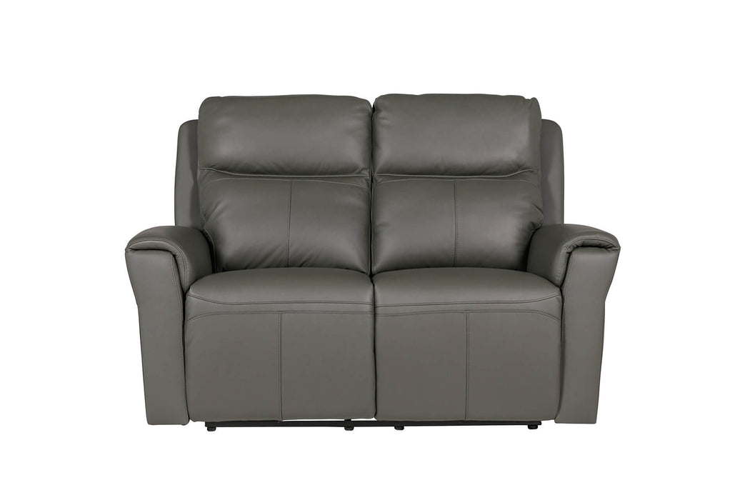 The Russo Electric Recliner - Leather is a dark gray two-seater sofa with plush cushions, wide armrests, modern design, and built-in USB charging, shown against a plain white background.