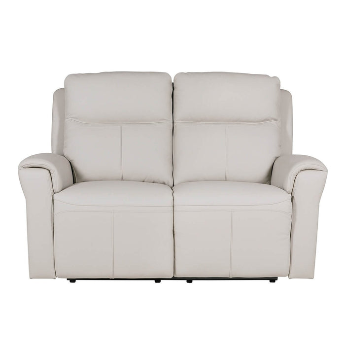 A front view of the Russo Electric Recliner - Leather, a modern light beige two-seater sofa with padded backrests, seat cushions, armrests, electric reclining, and USB charging, shown against a plain white background.