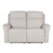 A front view of the Russo Electric Recliner - Leather, a modern light beige two-seater sofa with padded backrests, seat cushions, armrests, electric reclining, and USB charging, shown against a plain white background.
