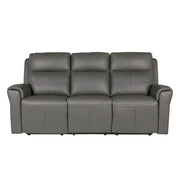 The Russo Electric Recliner - Leather is a modern, three-seater sofa in smooth dark gray leather, with plush back cushions, curved armrests, and a USB charging port, shown from the front on a plain white background.