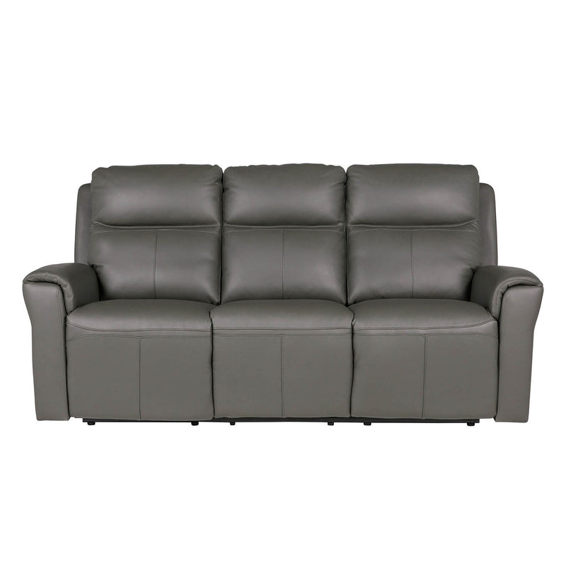 The Russo Electric Recliner - Leather is a modern, three-seater sofa in smooth dark gray leather, with plush back cushions, curved armrests, and a USB charging port, shown from the front on a plain white background.