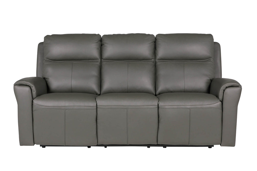 The Russo Electric Recliner - Leather is a modern, three-seater sofa in smooth dark gray leather, with plush back cushions, curved armrests, and a USB charging port, shown from the front on a plain white background.