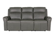 The Russo Electric Recliner - Leather is a modern, three-seater sofa in smooth dark gray leather, with plush back cushions, curved armrests, and a USB charging port, shown from the front on a plain white background.