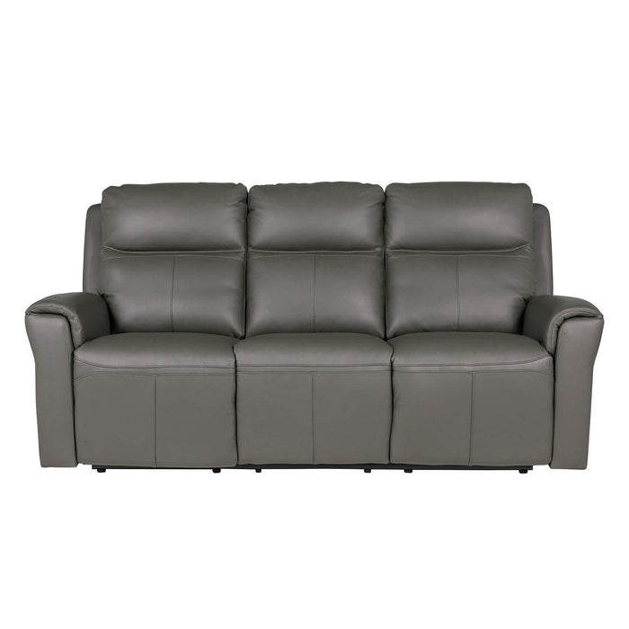 The Russo Electric Recliner - Leather is a modern, three-seater sofa in smooth dark gray leather, with plush back cushions, curved armrests, and a USB charging port, shown from the front on a plain white background.