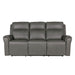 The Russo Electric Recliner - Leather is a modern, three-seater sofa in smooth dark gray leather, with plush back cushions, curved armrests, and a USB charging port, shown from the front on a plain white background.