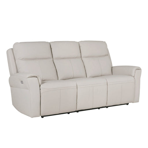 The Russo Electric Recliner - Leather is a modern, light beige three-seater sofa featuring plush cushioning, slightly curved armrests, built-in USB charging, and is displayed against a white background.