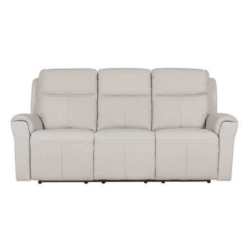 A front view of the Russo Electric Recliner - Leather, a modern three-seater in light beige with cushioned backrests, armrests, and built-in USB charging, set against a plain white background.