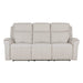 A front view of the Russo Electric Recliner - Leather, a modern three-seater in light beige with cushioned backrests, armrests, and built-in USB charging, set against a plain white background.
