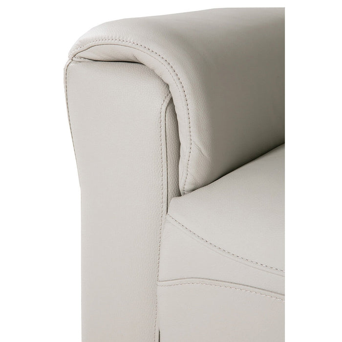 Close-up of the Russo Electric Recliner - Leather in light beige, showcasing its detailed stitching, smooth armrest and seat upholstery, and a discreet USB charging port.