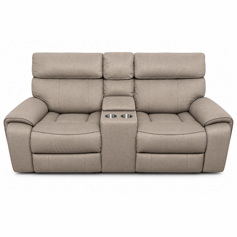Sheldon Electric Recliner two-seat sofa with a center console containing two cup holders.
