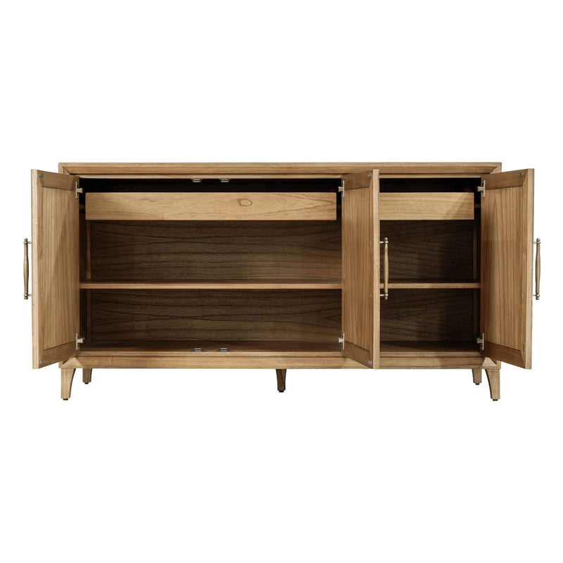 Wooden cabinet with open doors on a white background.
