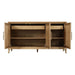 Wooden cabinet with open doors on a white background.