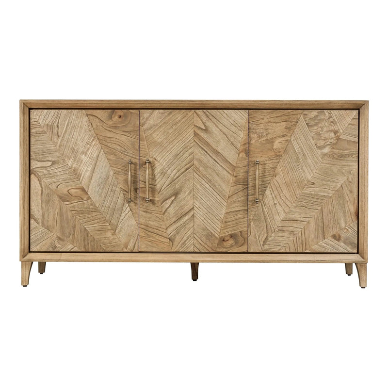 The Solstice Large Sideboard features three doors with a striking chevron pattern, light wood finish, slim metal handles, and stands on short angled legs for a mid-century modern look.