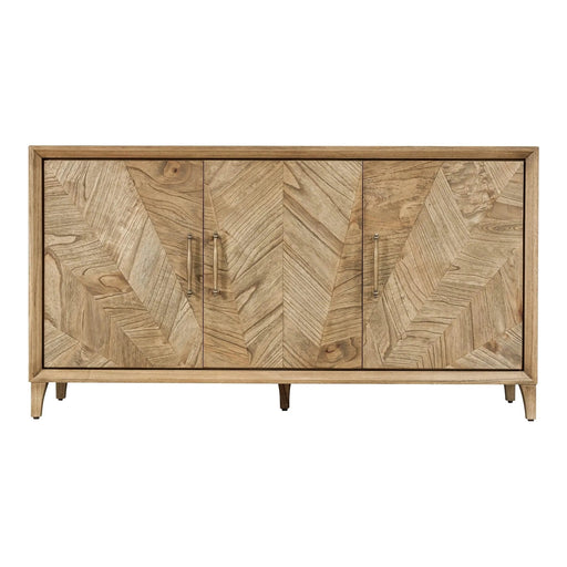The Solstice Large Sideboard features three doors with a striking chevron pattern, light wood finish, slim metal handles, and stands on short angled legs for a mid-century modern look.