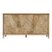 The Solstice Large Sideboard features three doors with a striking chevron pattern, light wood finish, slim metal handles, and stands on short angled legs for a mid-century modern look.