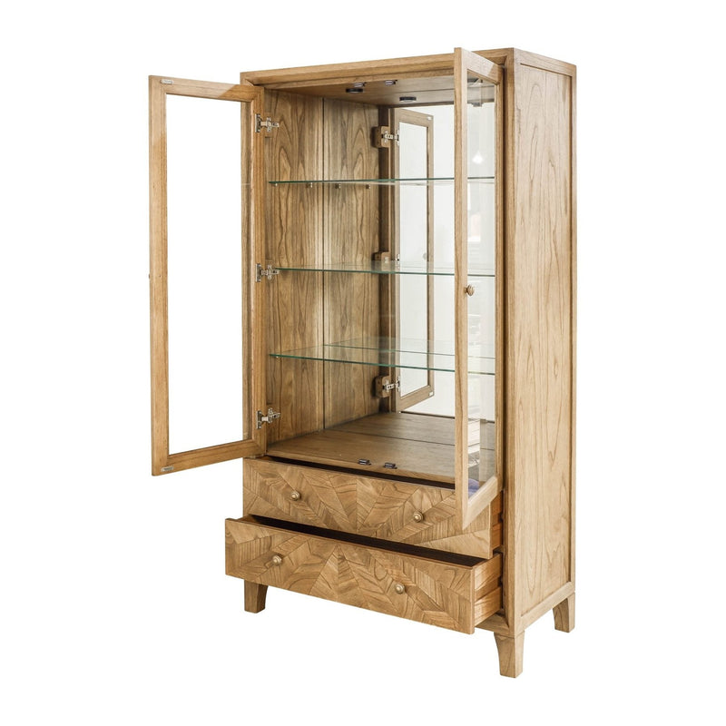 Wooden display cabinet with glass doors and two drawers.