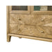 Close-up of the Solstice Display Cabinet, featuring solid wood construction, intricate chevron veneer on drawer fronts, four round metal knobs, and a natural wood grain finish.