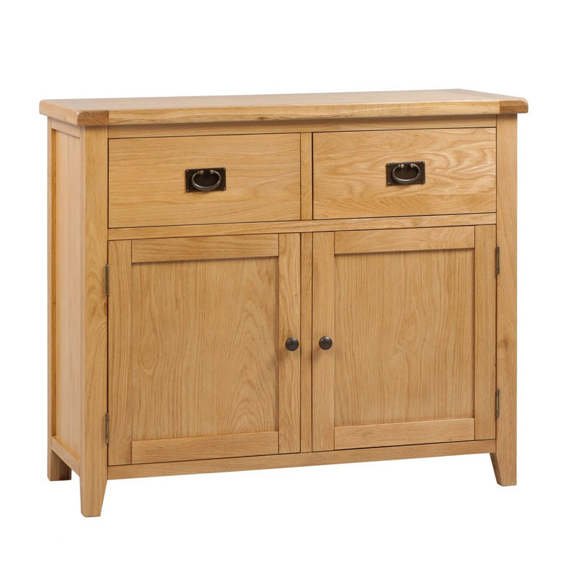 A small oak sideboard with two drawers and bronze handles.