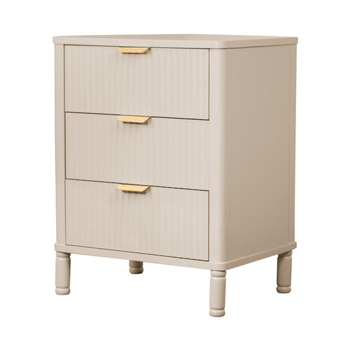 The Parson Locker is a beige 3 drawer nightstand with gold handles and vertical grooves, offering stylish bedroom storage on four short legs.