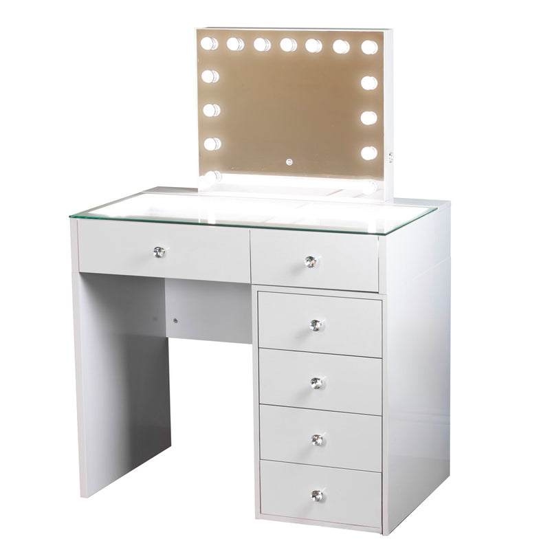 The Erika Hollywood Dressing Table Bluetooth 92cm features a sleek white finish, a glass top, five spacious drawers, and a mirror framed by round LED lights—perfect for creating a glamorous space. The bright, even illumination from the LED-lit mirror ensures flawless makeup application every time.