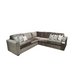 The Ariya sofa is a spacious L-shaped sectional in gray, designed for living room comfort with plush cushions and decorative throw pillows, shown isolated on a white background.