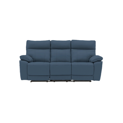 A modern blue three-seat recliner from the Positano Range, with plush cushions and padded armrests, is shown from the front on a plain white background.