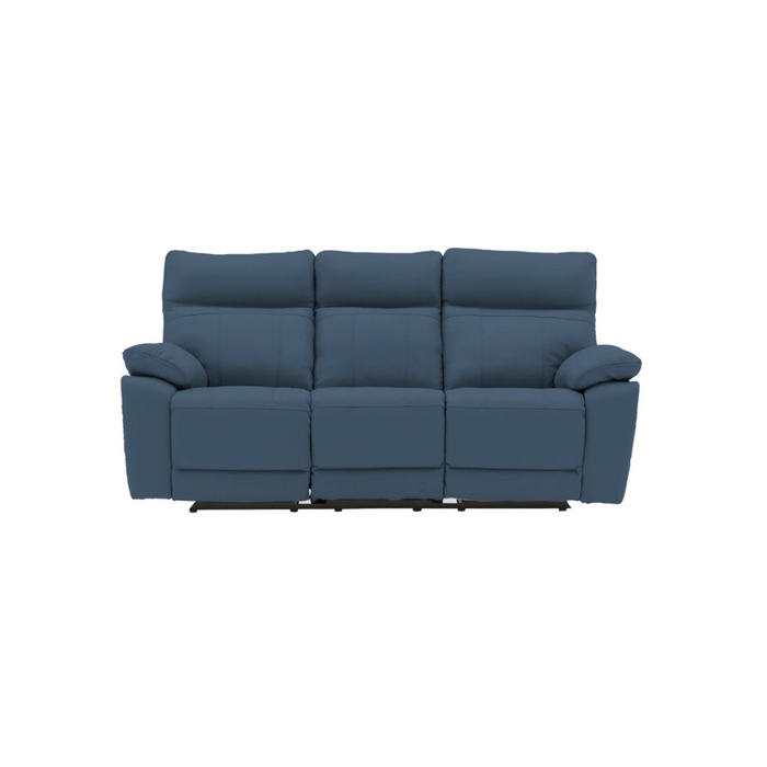 A modern blue three-seat recliner from the Positano Range, with plush cushions and padded armrests, is shown from the front on a plain white background.