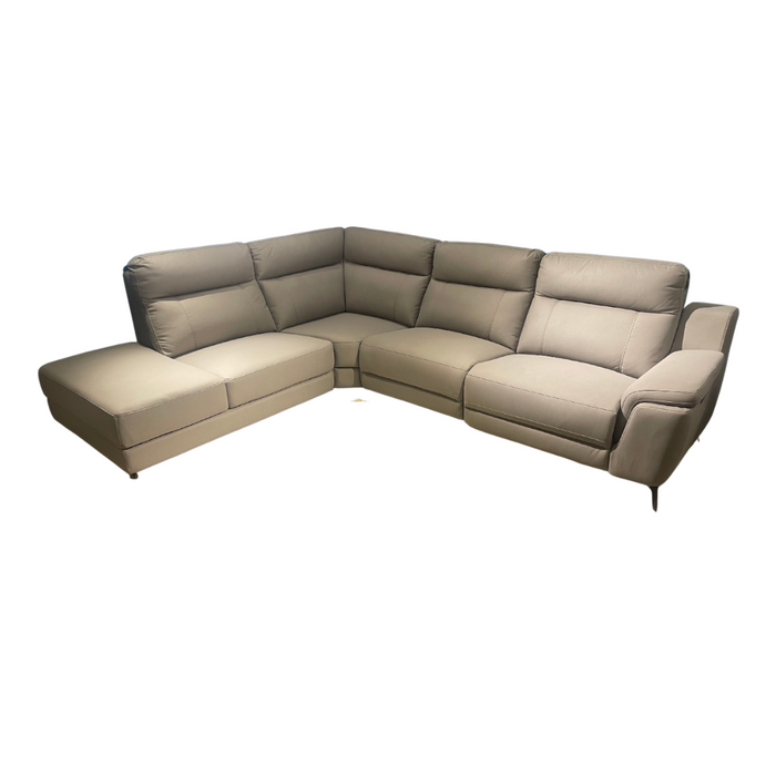 The Chloe Corner Group is a modern beige L-shaped sectional in natural taupe, featuring plush cushions, a left-facing extended chaise, and a right-side adjustable headrest, shown against a white background.