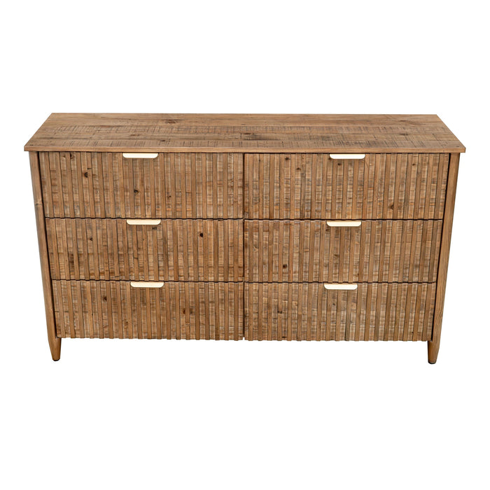 The Cairo Wide Chest is a rustic wooden dresser with three spacious drawers, vertically grooved fronts, slim metal handles, short legs, and a natural wood finish.
