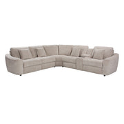 The Velora Corner Group is an L-shaped modular sectional sofa in light gray chenille fabric, featuring cushioned seats, backrests, matching throw pillows, a built-in center console with cup holders, and optional electric recliners.