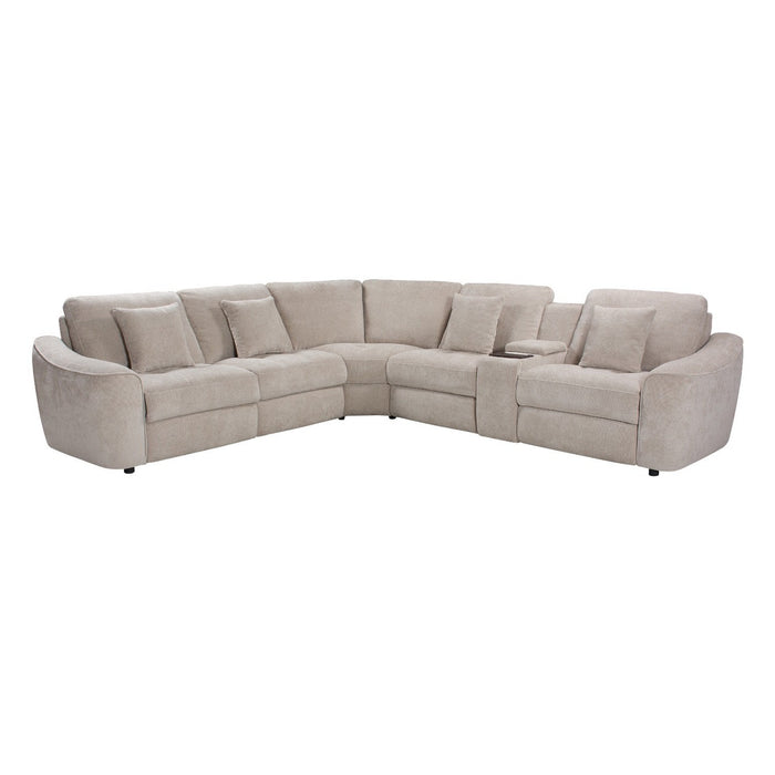 The Velora Corner Group is an L-shaped modular sectional sofa in light gray chenille fabric, featuring cushioned seats, backrests, matching throw pillows, a built-in center console with cup holders, and optional electric recliners.