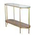 The Andrea Console Table boasts a sleek, modern design with a glass top, gold metal frame, and wooden oval shelf—an elegant addition to any room.