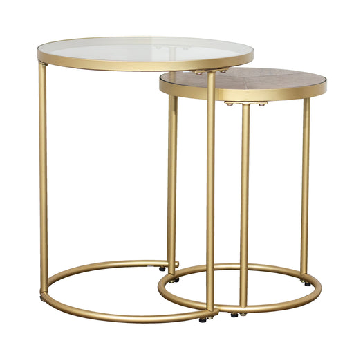 The Andrea Nest of Tables showcases a geometric design with gold frames—a large glass-topped table and a smaller wooden one, partially overlapping for a modern, stylish look.