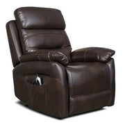 The Arianna Lift & Rise is a dark brown leather twin motor recliner chair with padded armrests and backrest, a plush appearance, and a side pocket holding a remote with USB charging.