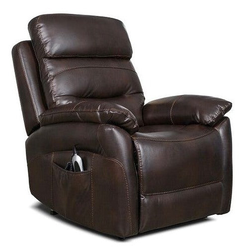 The Arianna Lift & Rise is a dark brown leather twin motor recliner chair with padded armrests and backrest, a plush appearance, and a side pocket holding a remote with USB charging.