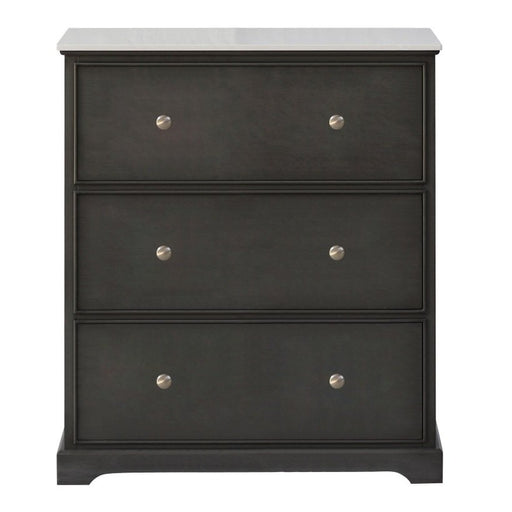 A dark wooden Russell 3 Drawer Unit with Marble Top, featuring silver round knobs and short feet, stands against a plain white background, adding classic elegance to any room.