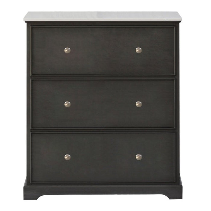 A dark wooden Russell 3 Drawer Unit with Marble Top, featuring silver round knobs and short feet, stands against a plain white background, adding classic elegance to any room.