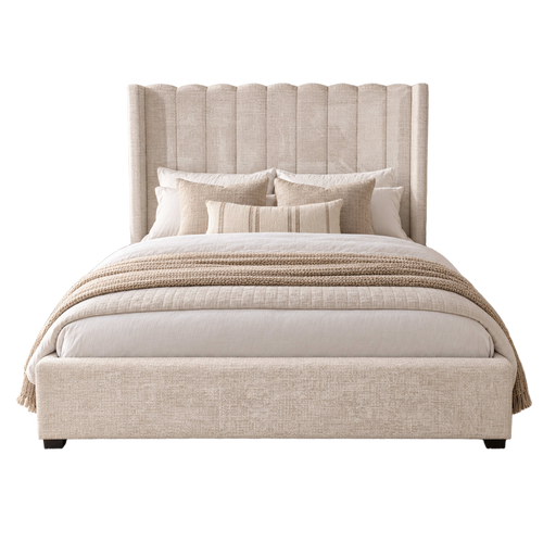 Kildare Storage Bedframe with a tall, vertically channeled headboard, made up with pillows and a knit throw blanket.