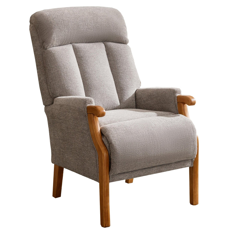 The Blaze Armchair features gray upholstery, oak legs, wooden armrests, a high back, and padded cushions for comfort, shown on a white background.