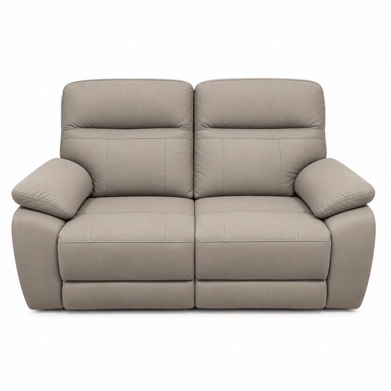 Jude Recliner Sofa, a taupe two-seater microfiber recliner with padded armrests and stitched detailing.
